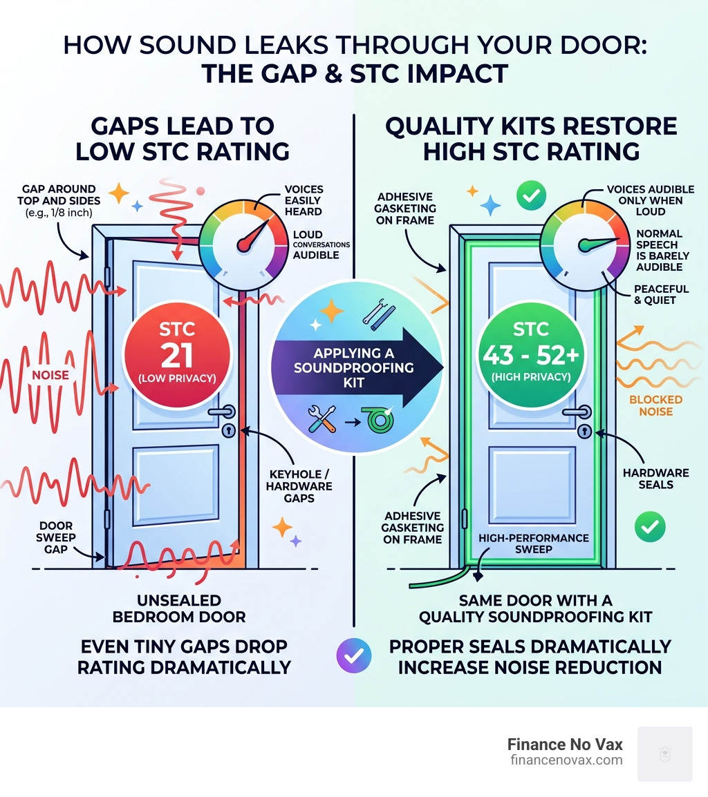 infographic showing how sound leaks through door gaps and STC rating impact - soundproofing kit bedroom door infographic infographic showing how sound leaks through door gaps and STC rating impact - soundproofing kit bedroom door infographic