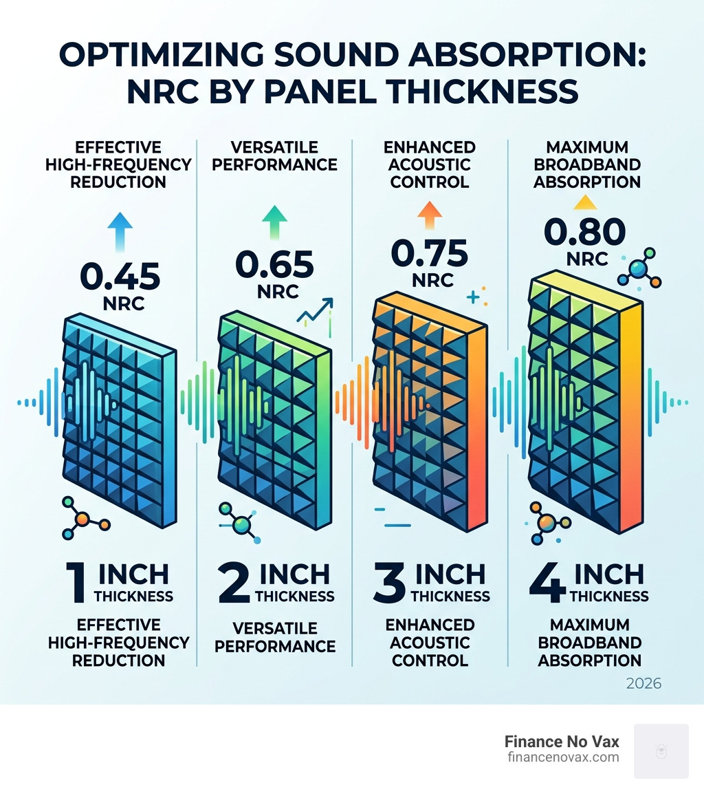 Stat showing NRC ratings: 1 inch is 0.45, 2 inch is 0.65, 3 inch is 0.75, 4 inch is 0.80 - sound foam panels infographic Stat showing NRC ratings: 1 inch is 0.45, 2 inch is 0.65, 3 inch is 0.75, 4 inch is 0.80 - sound foam panels infographic