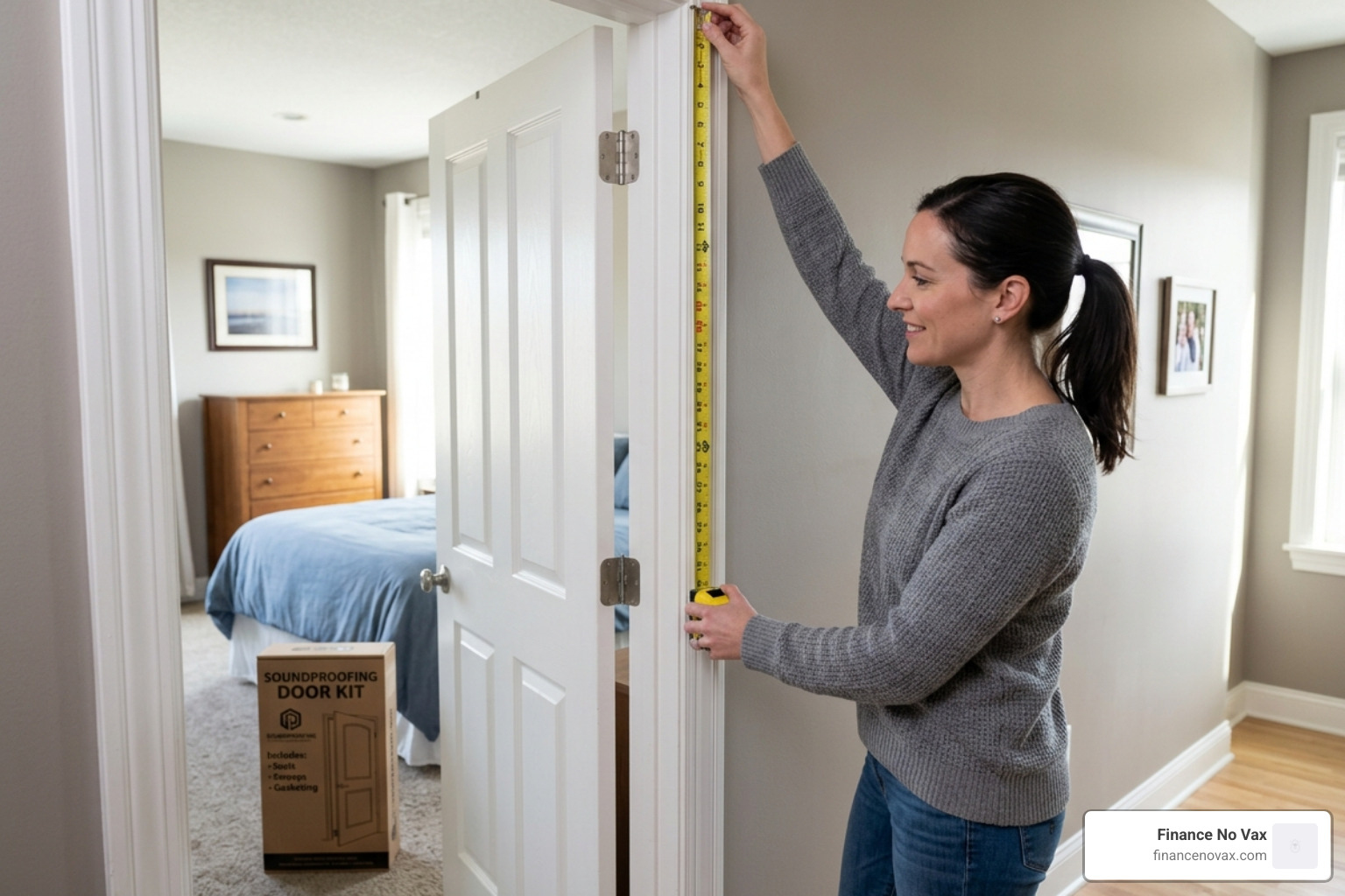 person measuring a bedroom door frame for a soundproofing kit - soundproofing kit bedroom door person measuring a bedroom door frame for a soundproofing kit - soundproofing kit bedroom door