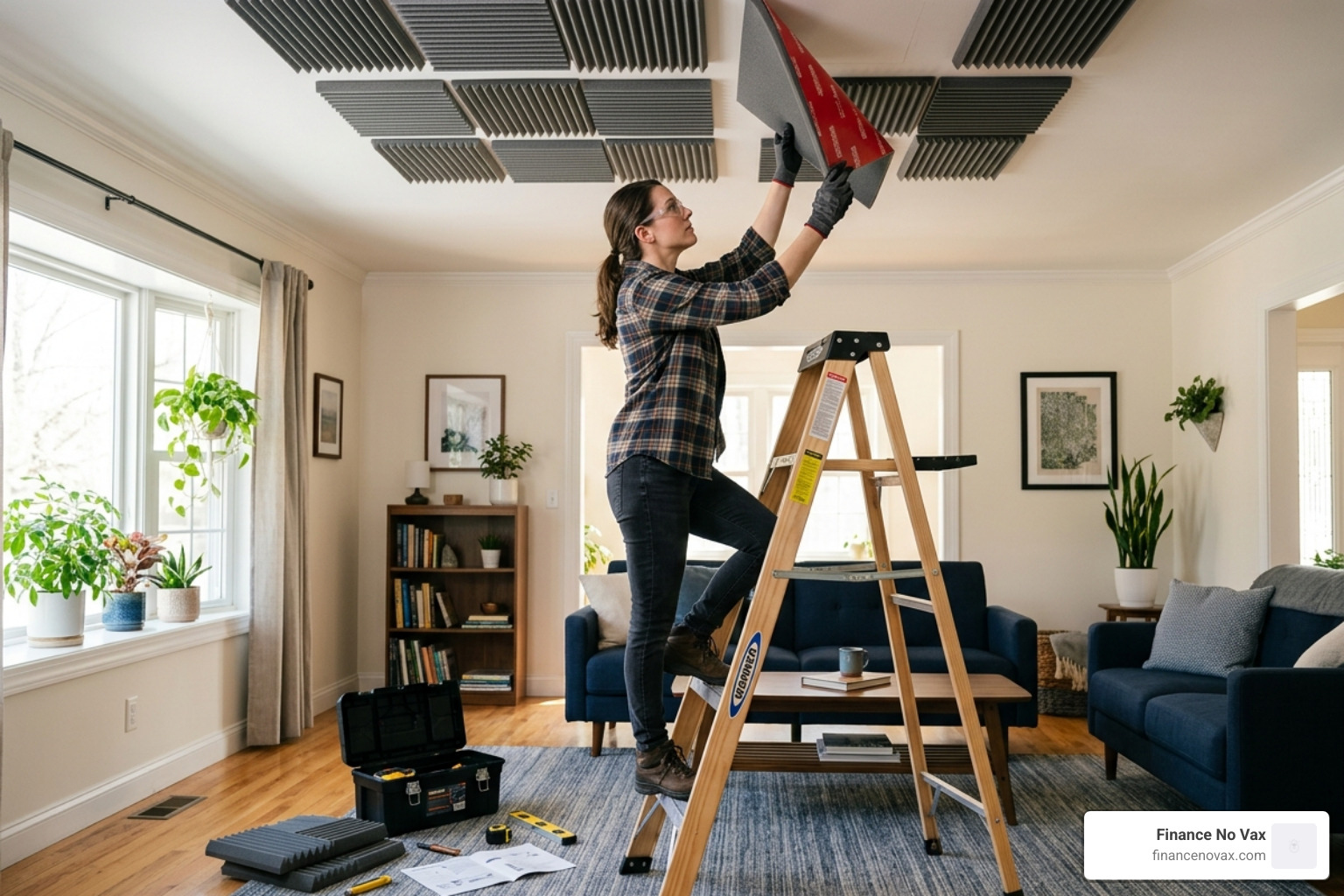 DIYer installing self-adhesive acoustic foam on a residential ceiling - sound dampening for ceiling