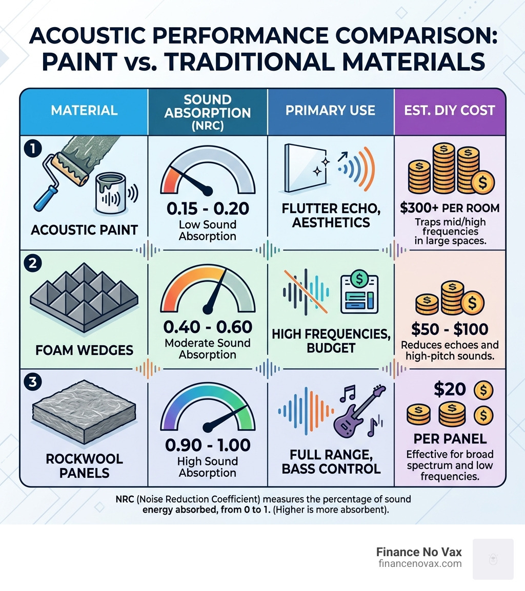 Table comparing sound absorption of paint, Rockwool, and foam - diy acoustic paint project infographic 