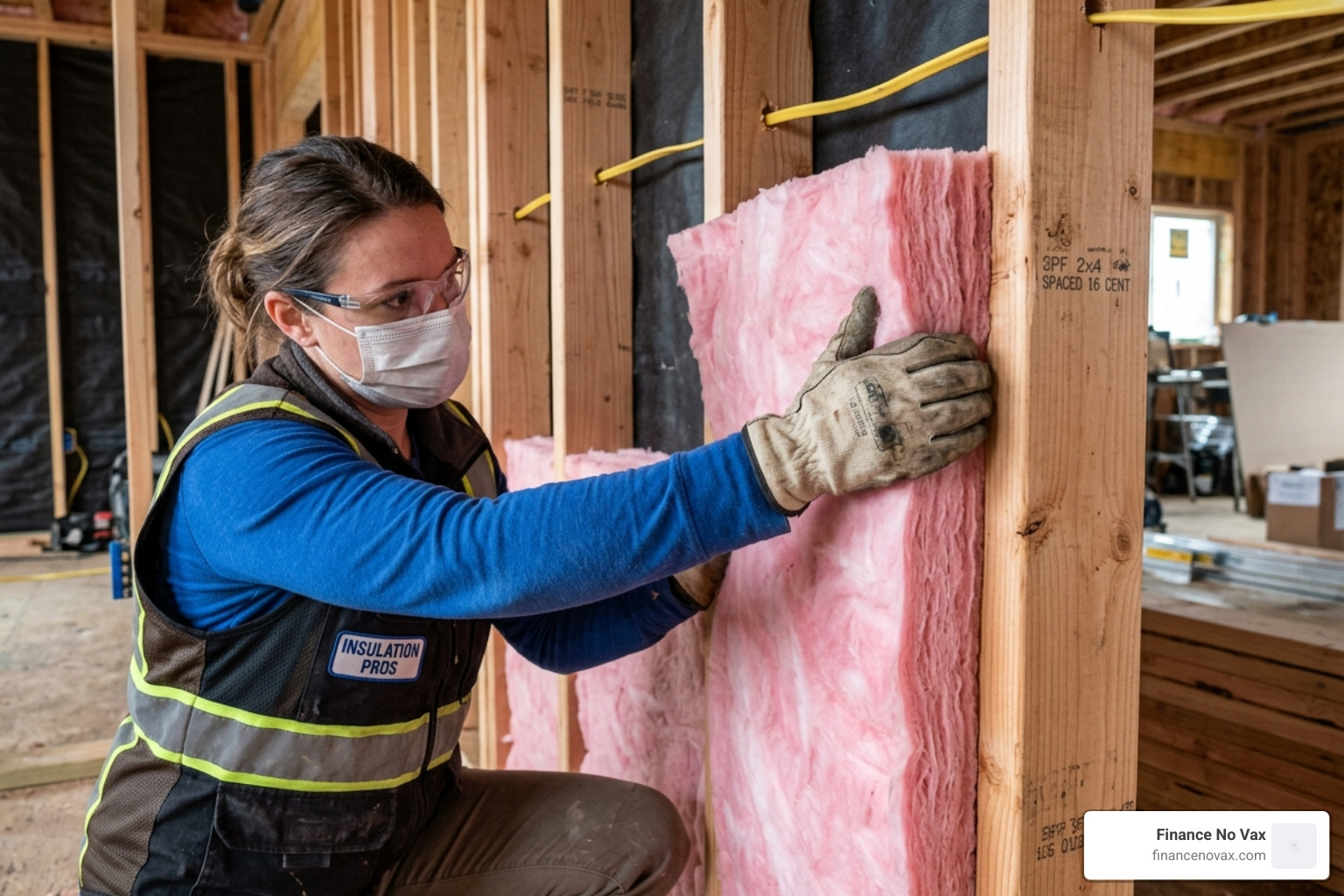 Professional installing friction-fit acoustic batts in a wall cavity - best soundproof insulation for interior walls