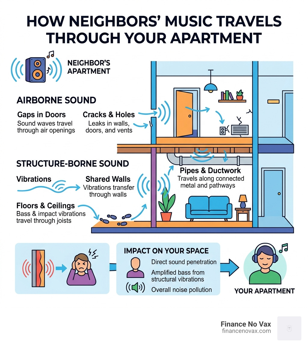 Infographic showing how sound travels through shared apartment walls, floors, and gaps in doors - how to drown out neighbors Infographic showing how sound travels through shared apartment walls, floors, and gaps in doors - how to drown out neighbors