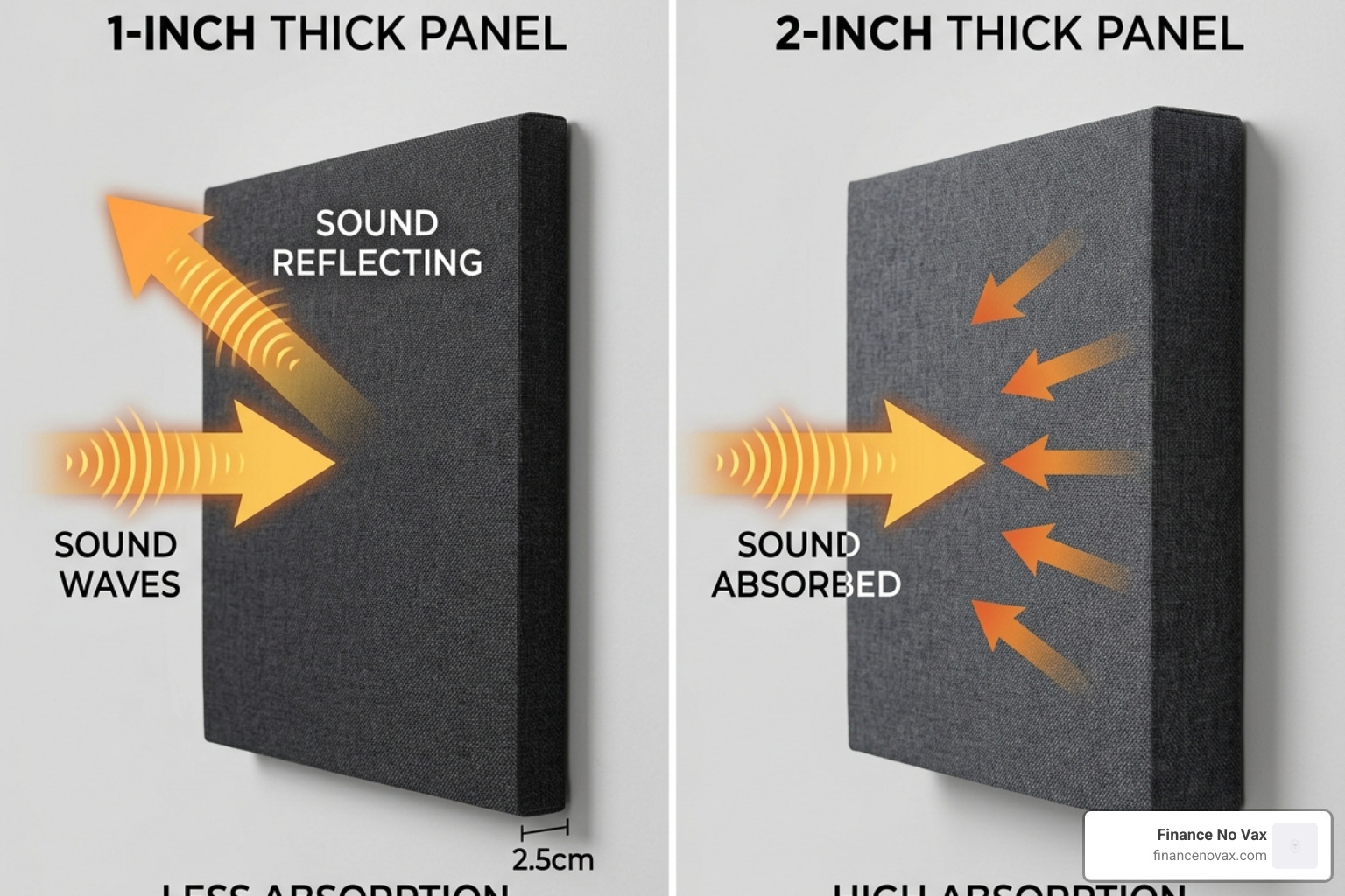 Graphic showing sound absorption performance of 1-inch vs 2-inch acoustic panels - decorative noise cancelling wall panels