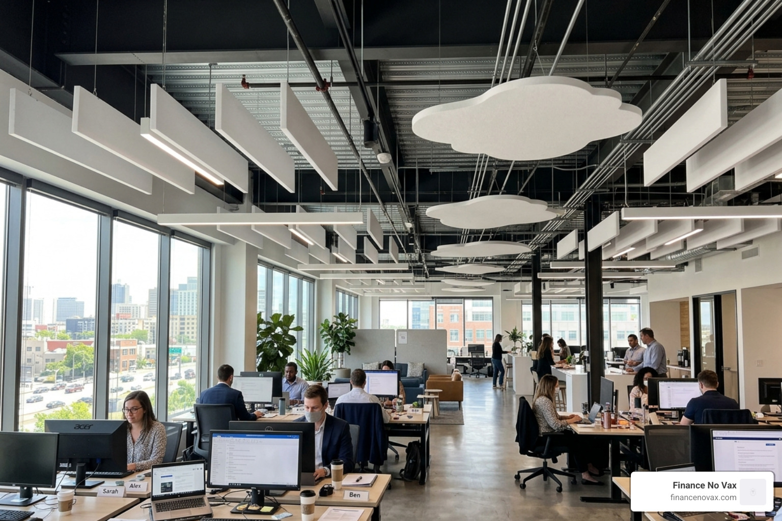 Suspended acoustic baffles and clouds in a modern office with exposed structure - acoustic material for ceiling