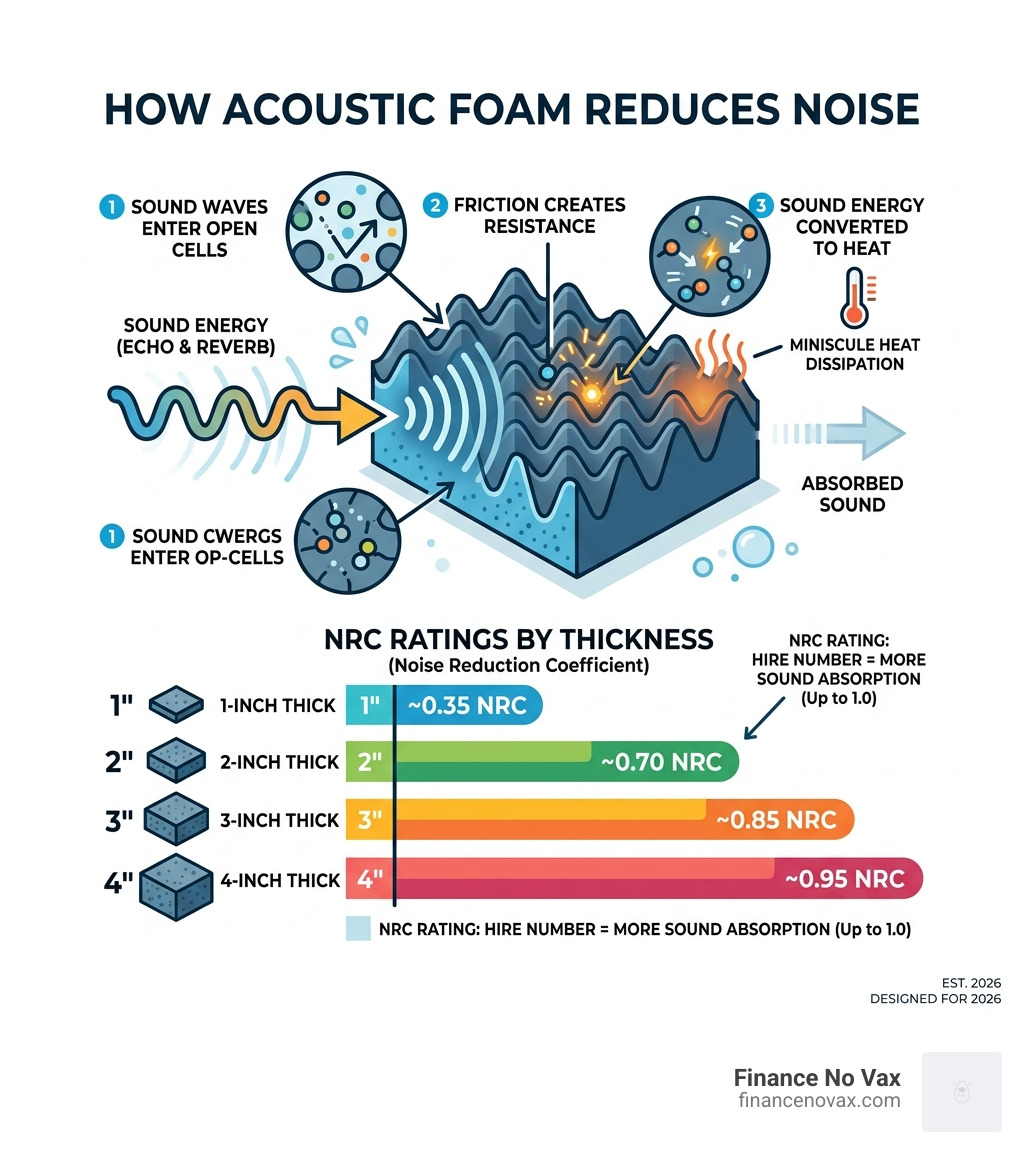 infographic showing how porous acoustic foam converts sound energy into heat, with NRC ratings by thickness - acoustic foam