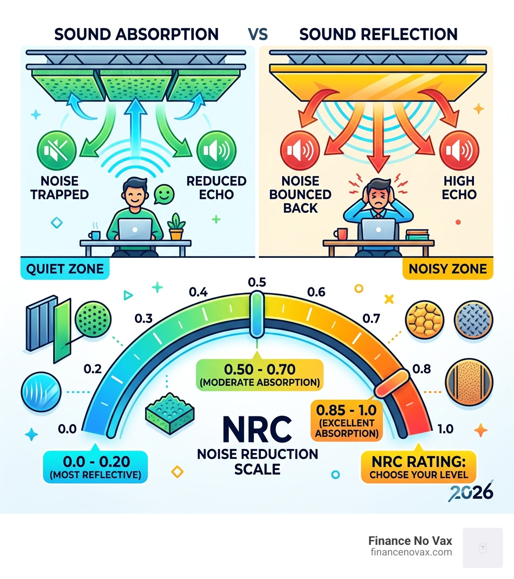 Infographic showing sound absorption vs reflection in acoustic ceiling materials with NRC scale - acoustic material for