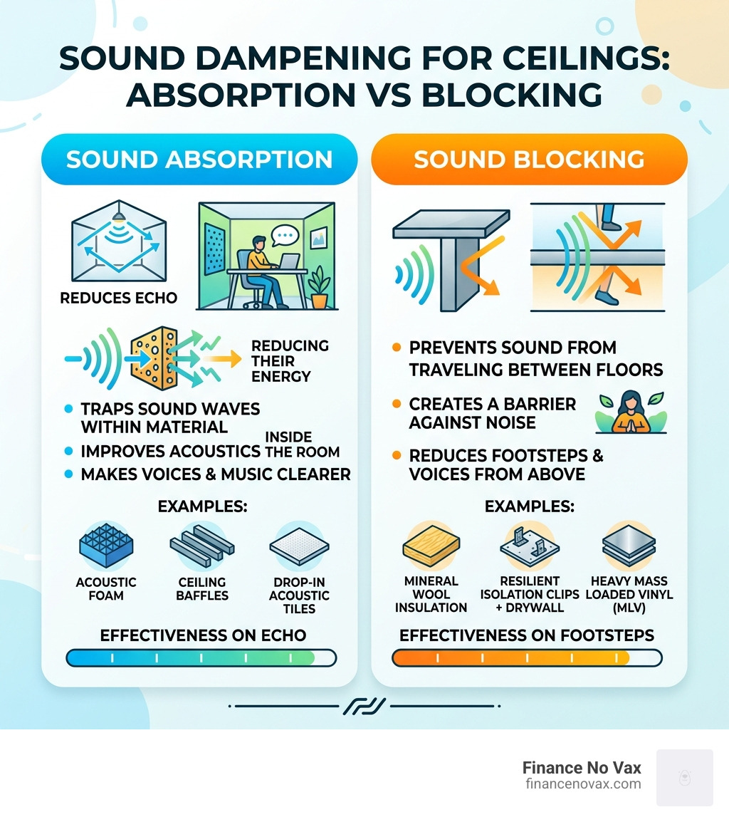 Infographic comparing sound absorption vs sound blocking for ceiling dampening solutions - sound dampening for ceiling