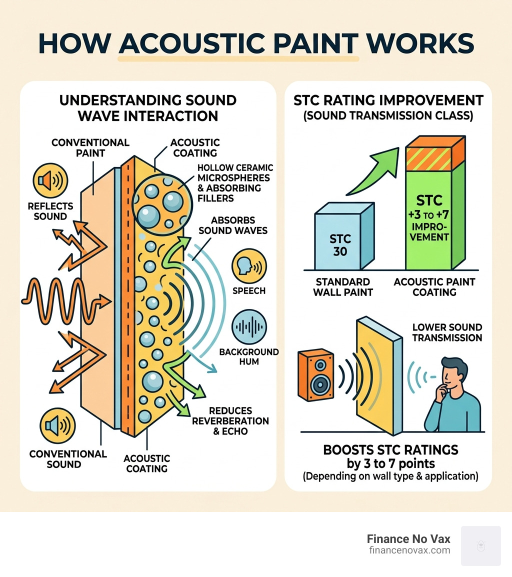 Infographic showing how sound waves interact with acoustic paint coatings and STC improvements - sound reducing paint Infographic showing how sound waves interact with acoustic paint coatings and STC improvements - sound reducing paint