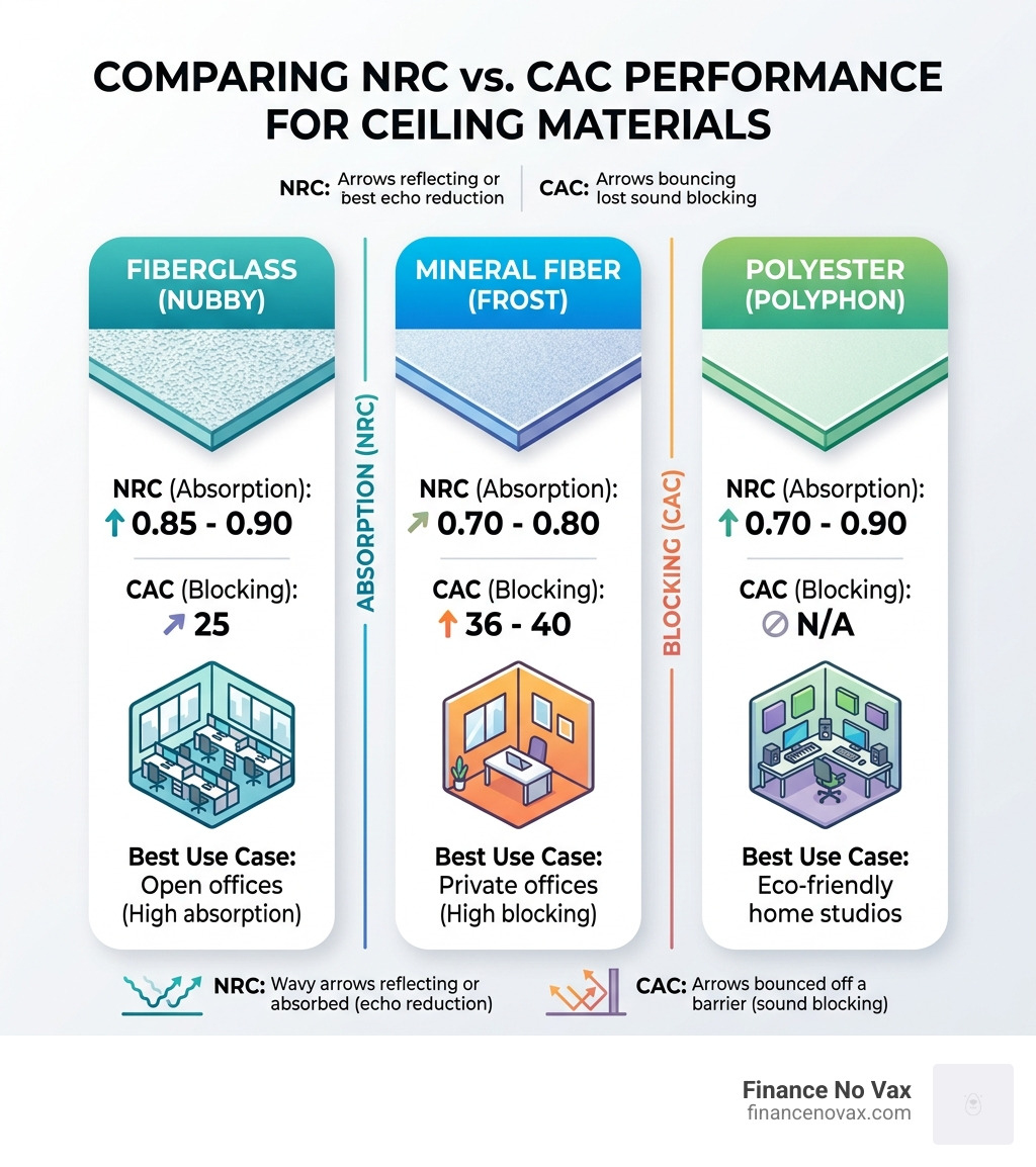 Table comparing NRC and CAC performance for common materials like foam, fiberglass, and mineral fiber - acoustic material