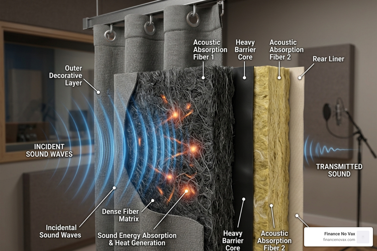 sound waves hitting thick multi-layered fabric and being absorbed - curtains to reduce noise sound waves hitting thick multi-layered fabric and being absorbed - curtains to reduce noise