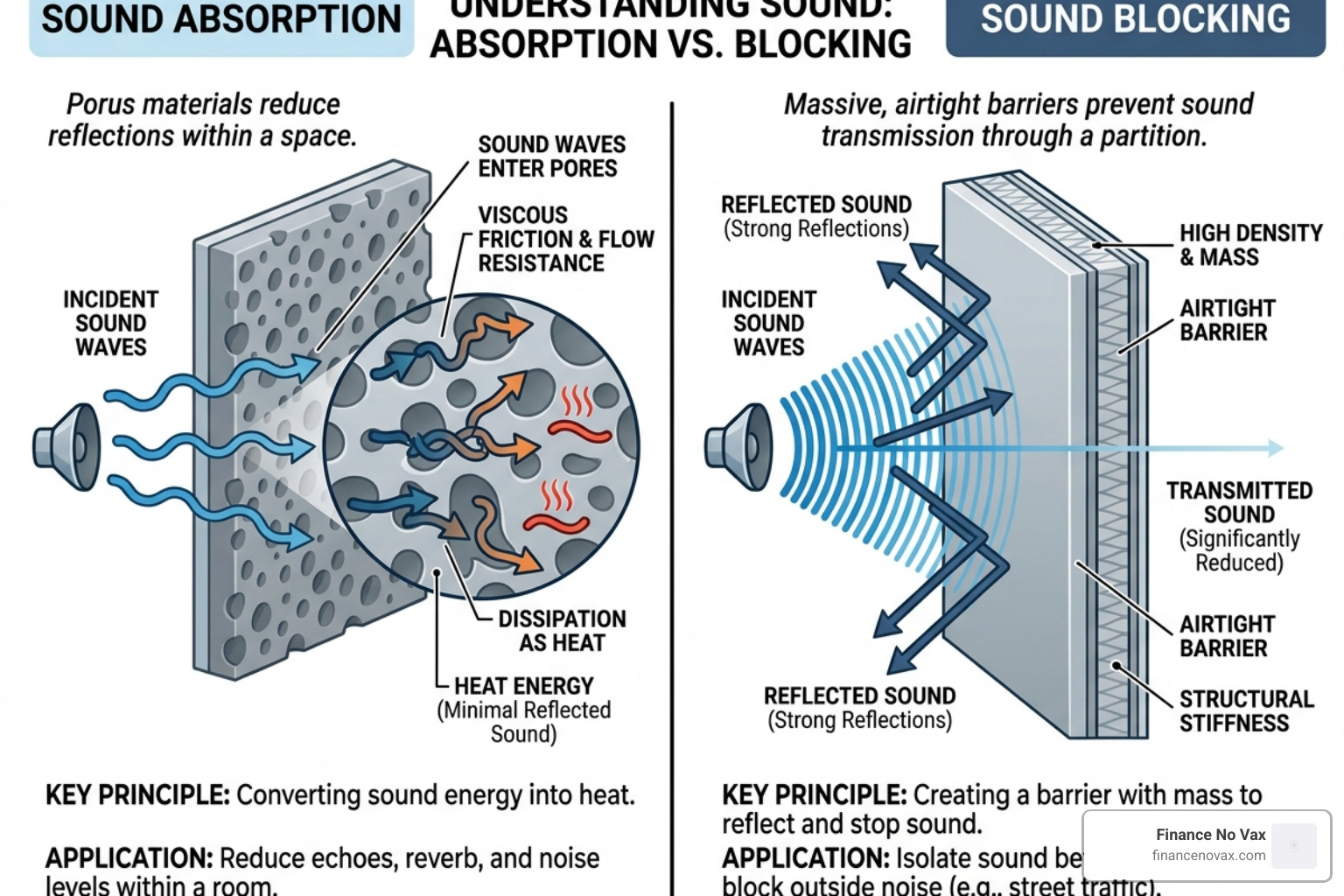 diagram illustrating the difference between sound absorption and sound blocking - acoustic foam panels for walls