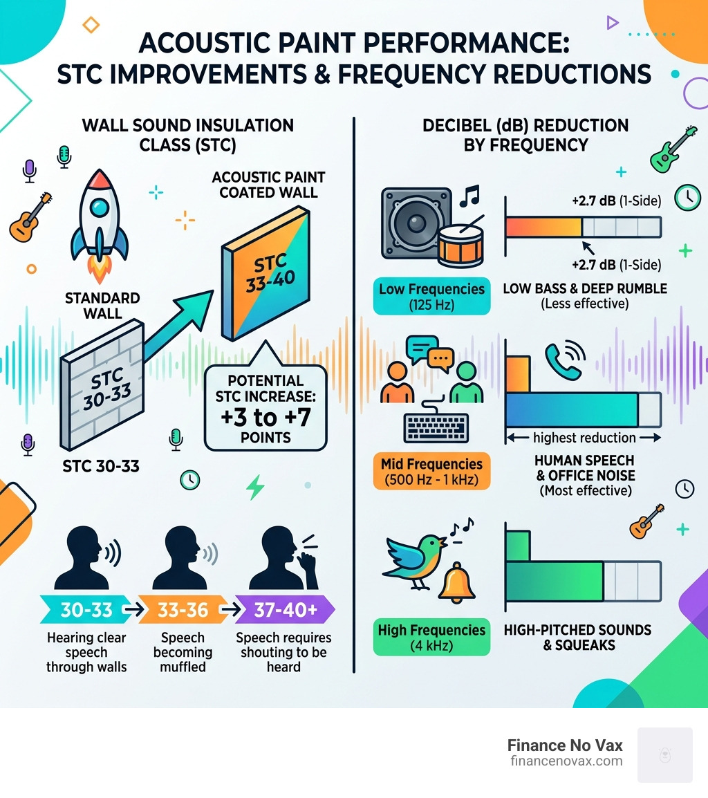 Table comparing STC improvements and decibel reductions across frequencies - sound reducing paint infographic Table comparing STC improvements and decibel reductions across frequencies - sound reducing paint infographic
