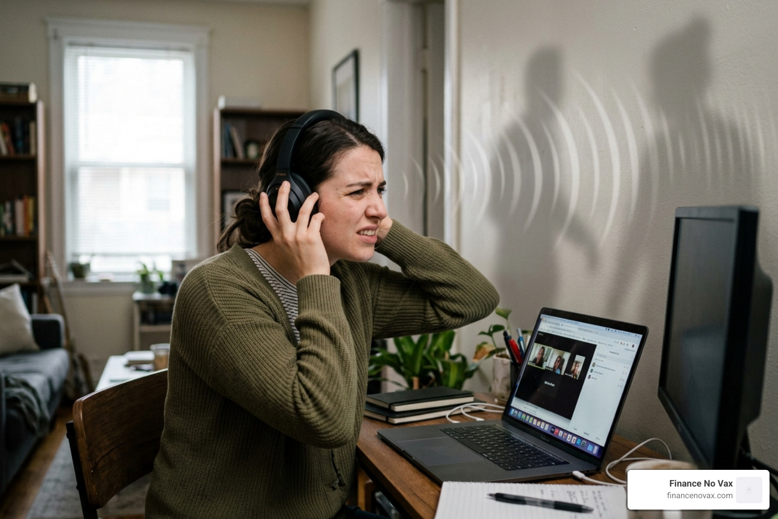 Person looking frustrated by thin apartment walls while trying to work - apartment noise complaint solutions
