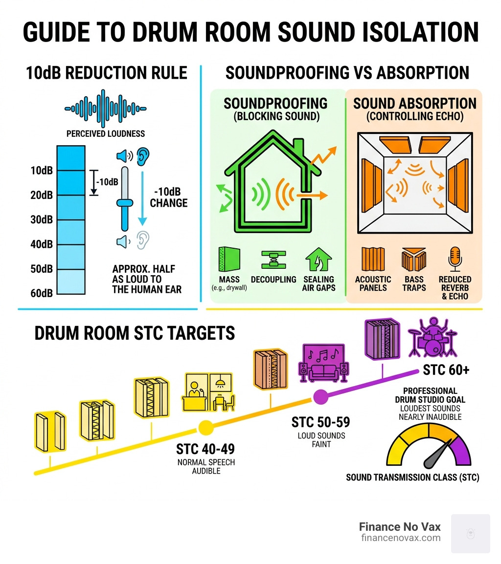 Infographic showing 10dB reduction rule, soundproofing vs absorption, and drum room STC targets - drum room soundproofing