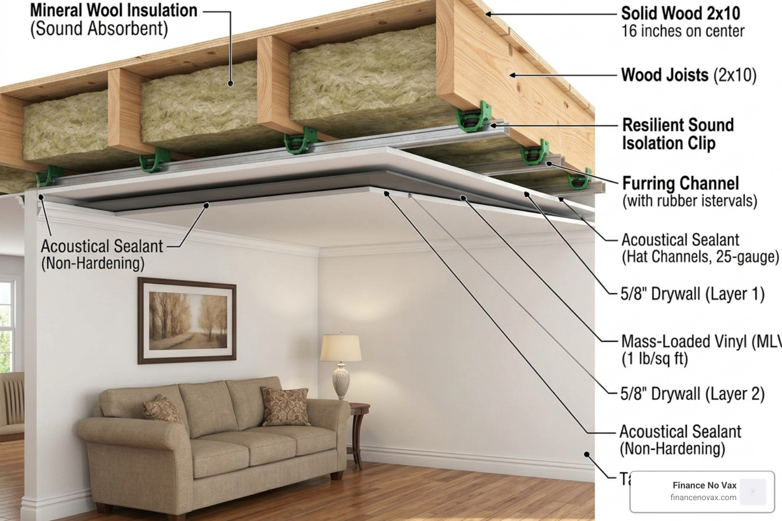 Layers of a soundproofed ceiling showing insulation, resilient clips, and mass-loaded vinyl - acoustic material for ceiling