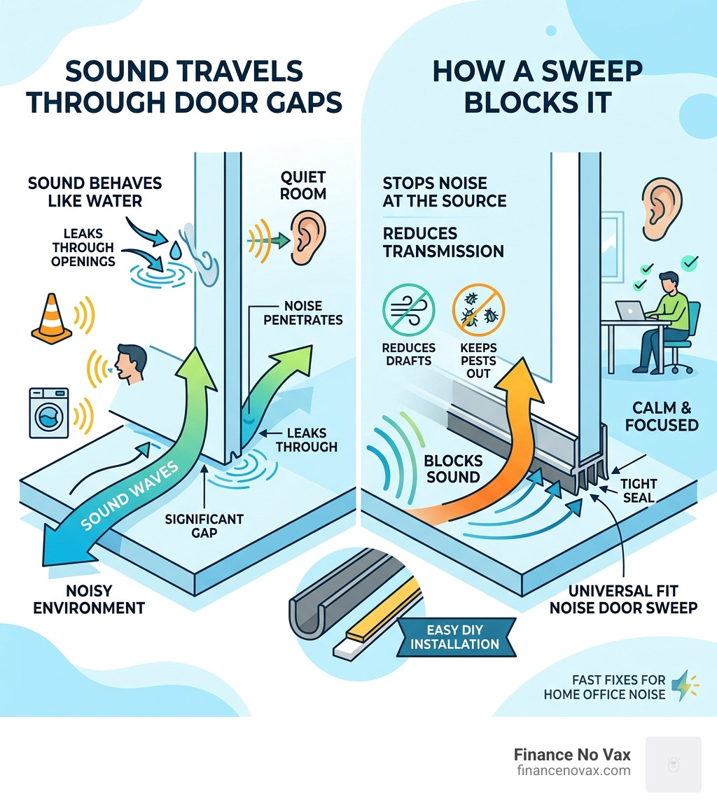 How sound travels through door gaps and how a sweep blocks it - universal fit noise door sweep infographic How sound travels through door gaps and how a sweep blocks it - universal fit noise door sweep infographic