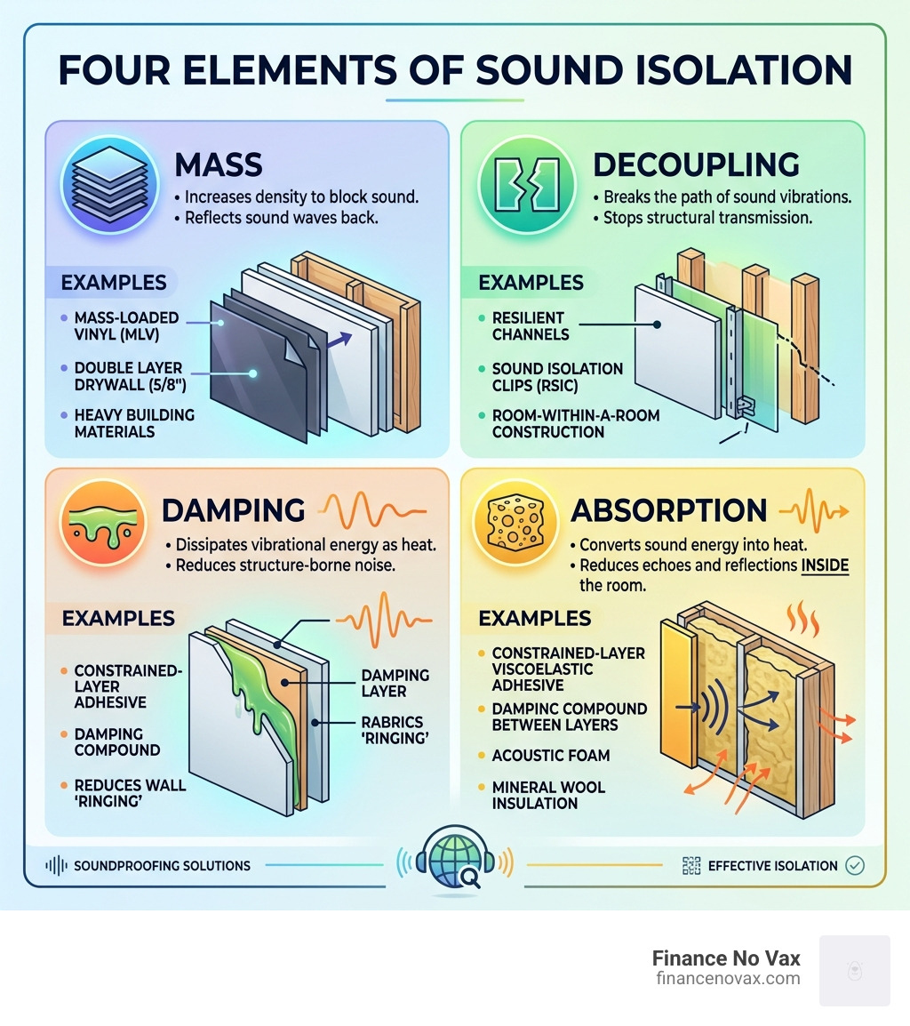 Four elements of sound isolation: Mass, Decoupling, Damping, Absorption with examples for each - soundproof walls for studio