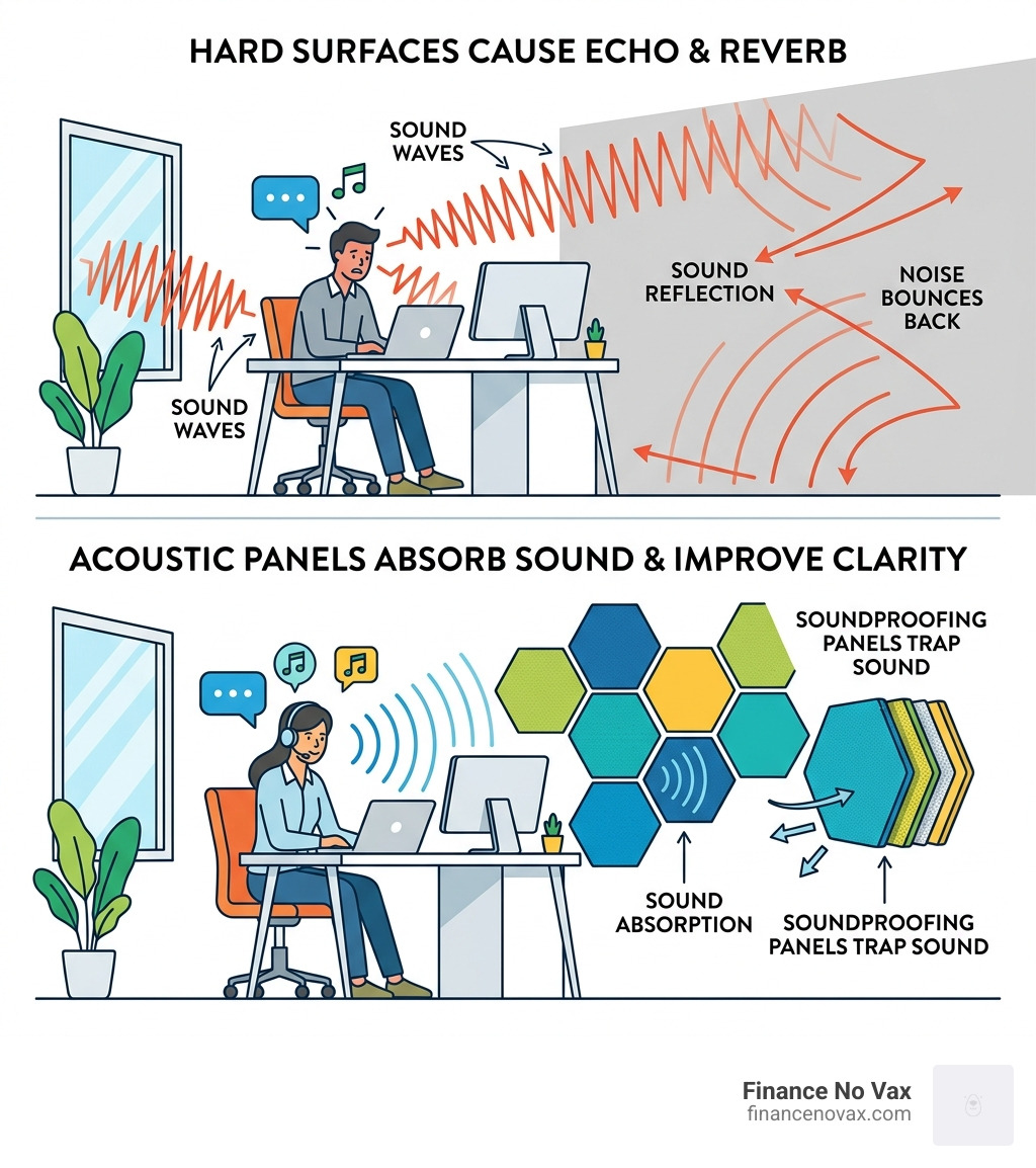 infographic showing how sound waves bounce off hard surfaces and get absorbed by acoustic panels - home office soundproofing