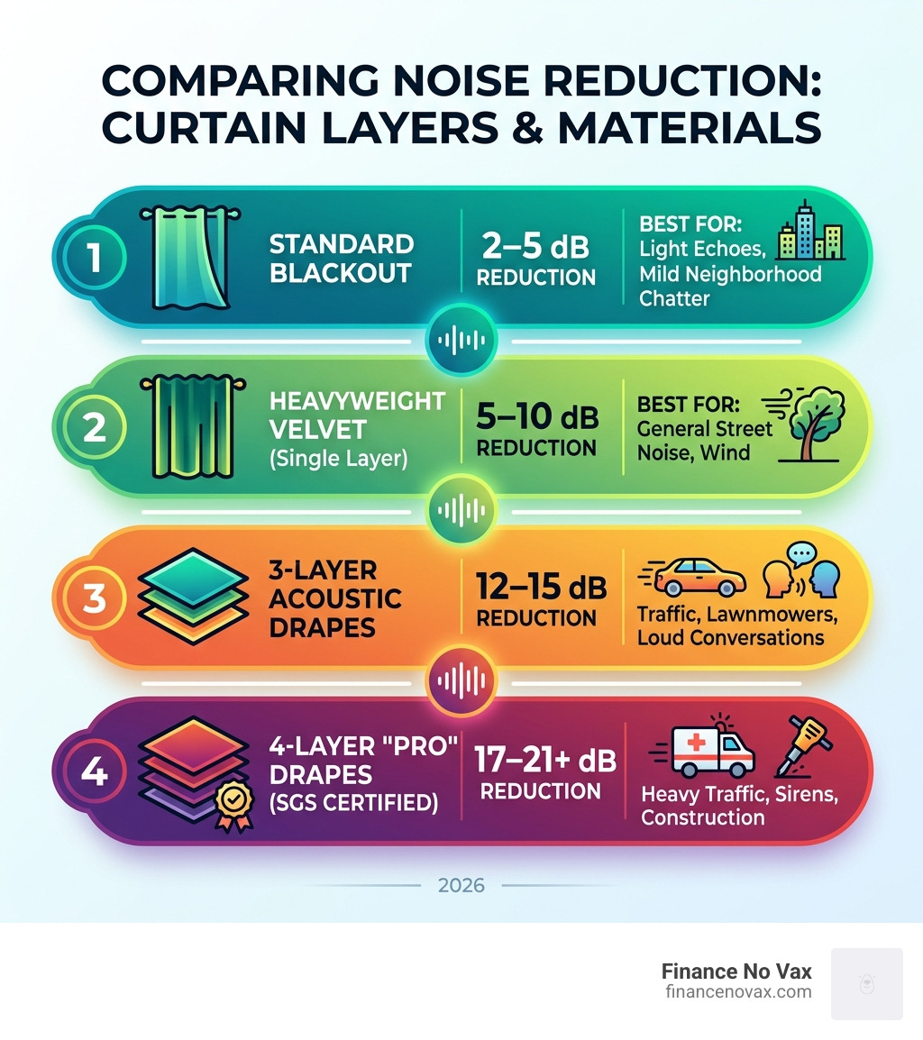 table comparing noise reduction of different curtain layers and materials - curtains to reduce noise infographic table comparing noise reduction of different curtain layers and materials - curtains to reduce noise infographic