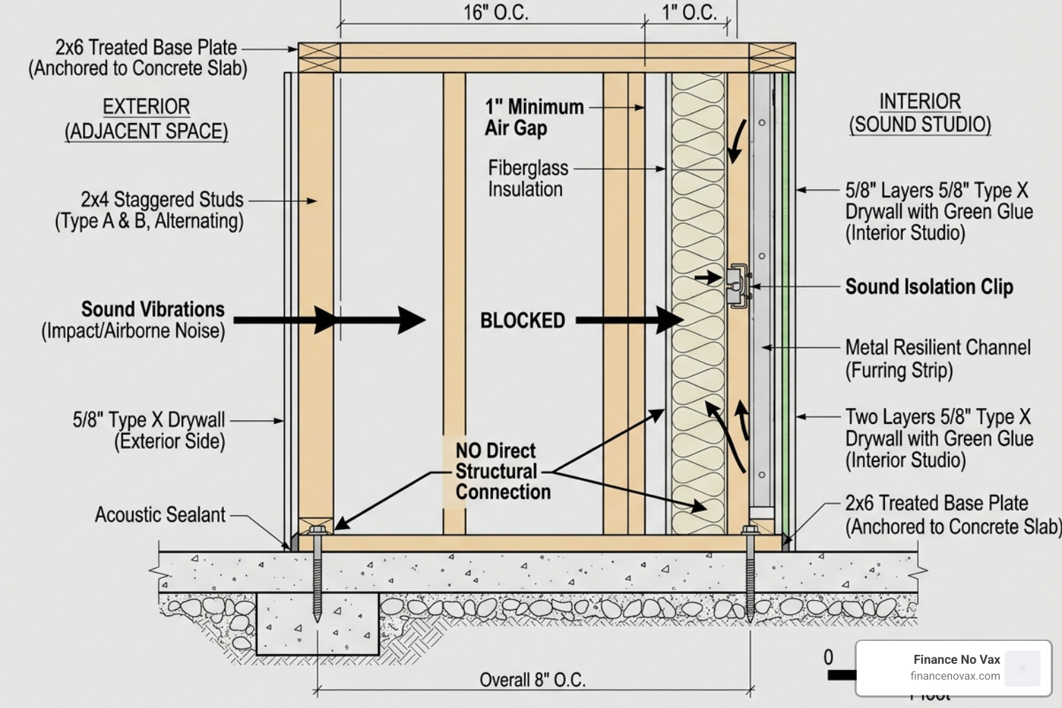 Diagram of staggered stud wall framing showing how vibrations are decoupled between the two sides - soundproof walls for