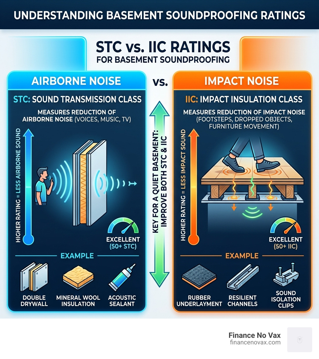 infographic comparing STC and IIC ratings for basement soundproofing methods - best way to soundproof basement infographic 