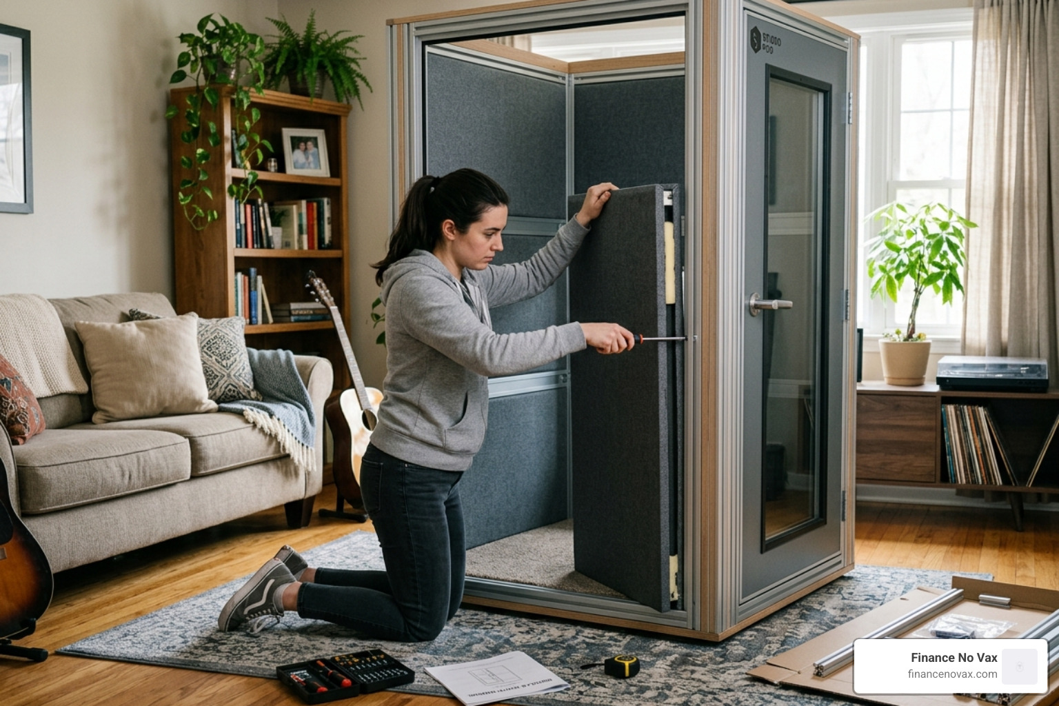 A modular studio booth being assembled in a home environment - sound booth recording