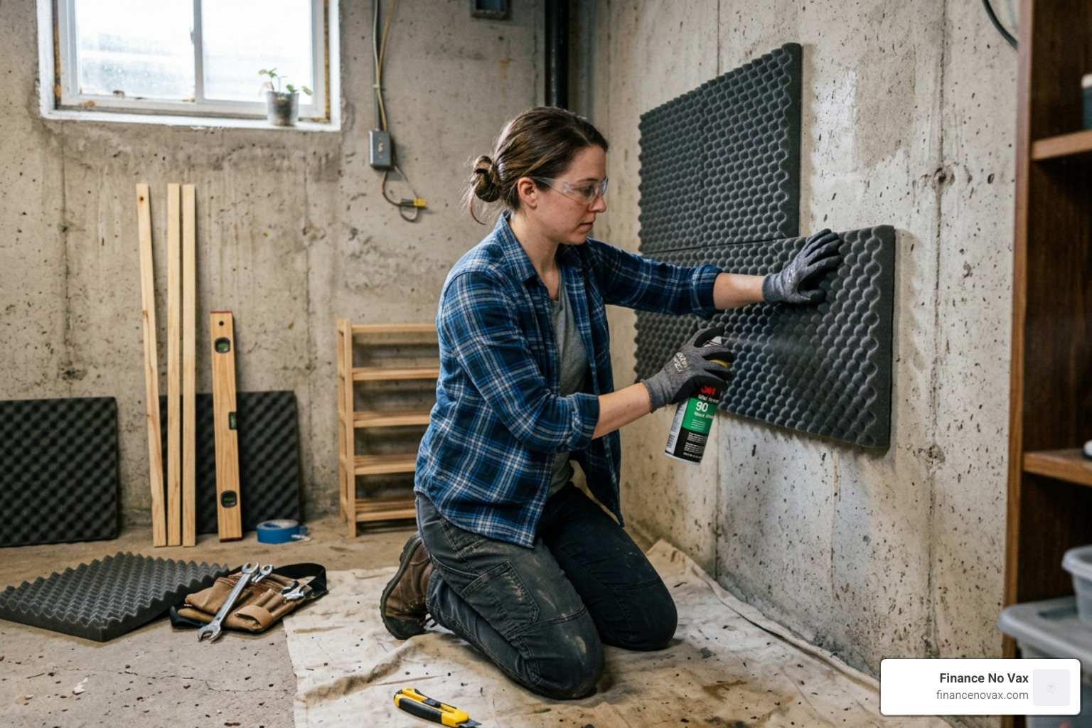 DIYer applying acoustic foam to a wall - basement sound dampening