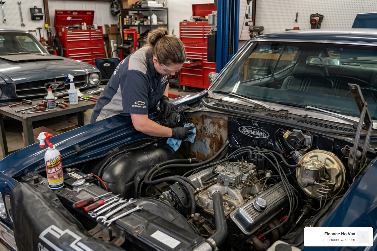 DIY firewall insulation project showing surface cleaning and mat application - engine compartment sound insulation
