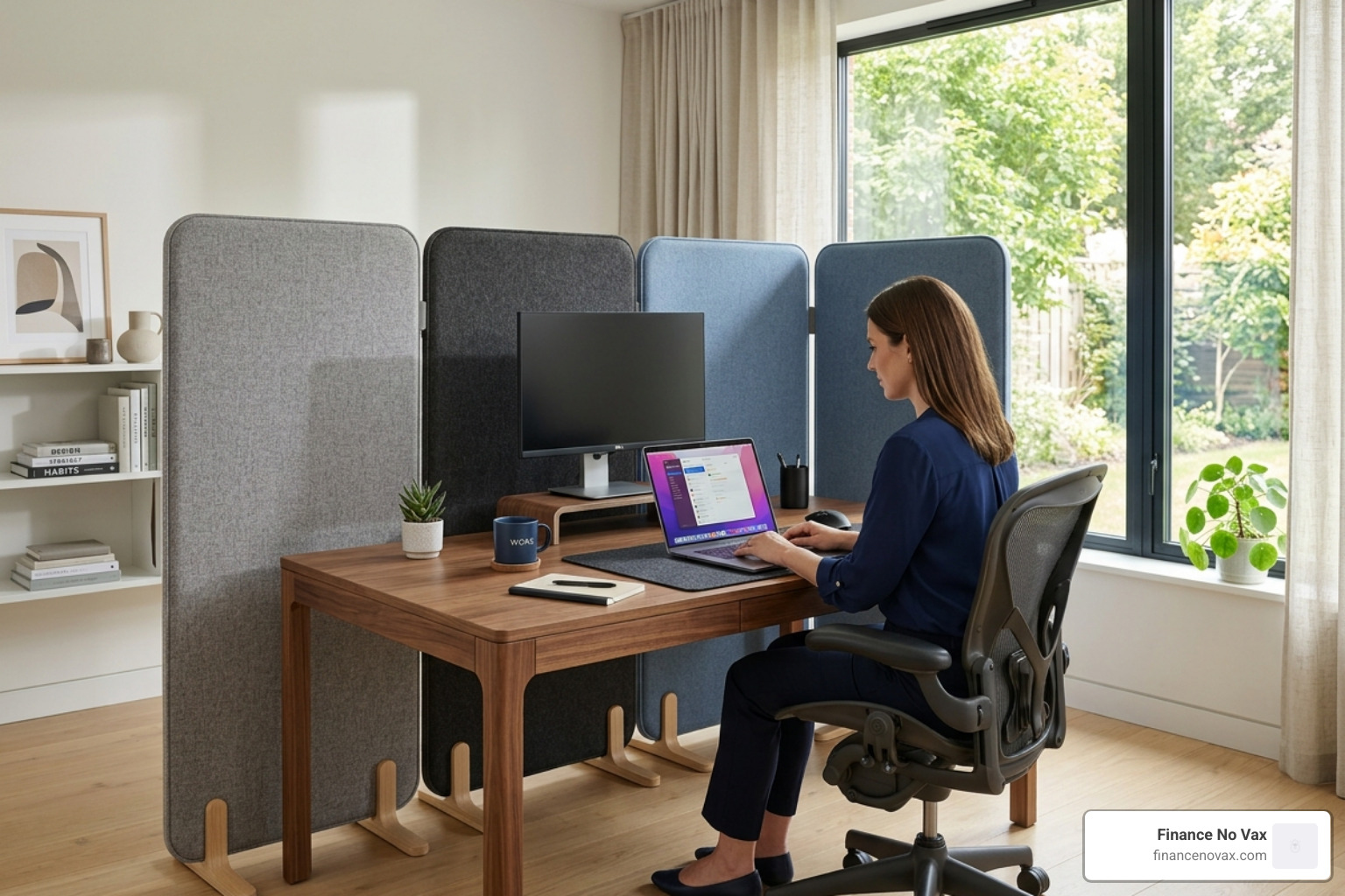 freestanding acoustic partitions in a modern home office - home office soundproofing panels
