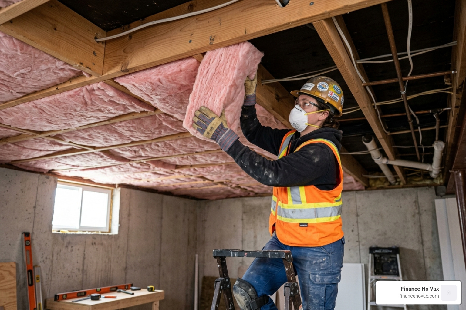 mineral wool insulation being installed in ceiling joists - basement sound dampening