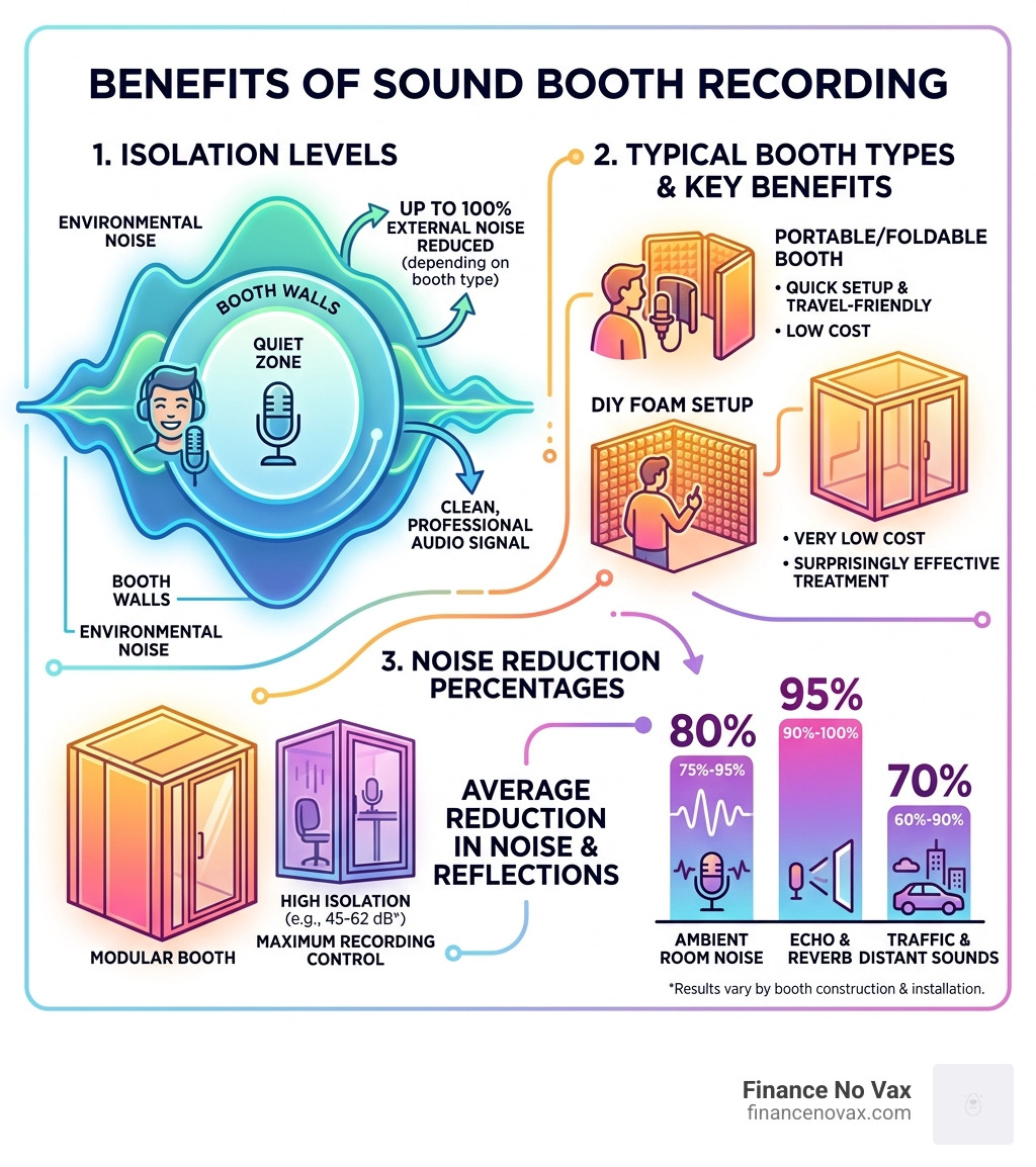 Benefits of sound booth recording infographic showing isolation levels, booth types, and noise reduction percentages - sound