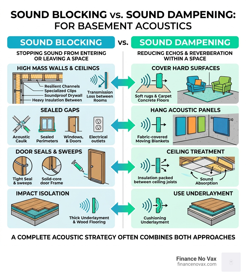 Sound blocking vs sound dampening infographic for basement acoustics - basement sound dampening infographic 