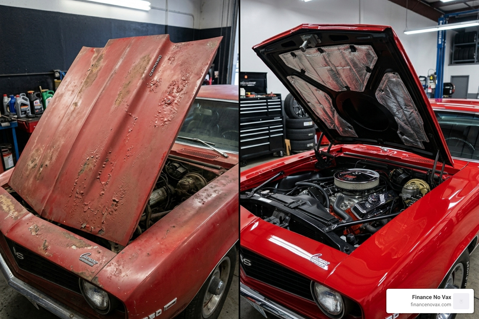 Comparison of heat-damaged hood paint versus paint protected by thermal insulation - engine compartment sound insulation