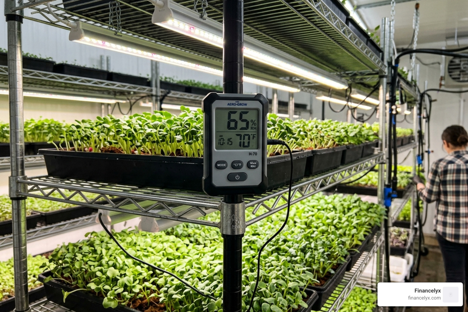Digital hygrometer and thermometer on a grow rack showing 65% humidity - control humidity microgreens grow