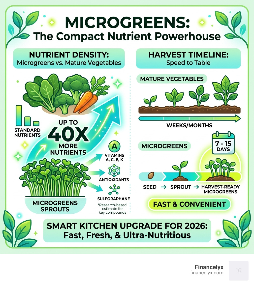 Infographic comparing microgreen nutrient density 40x vs mature vegetables with harvest timeline 7-15 days - microgreens