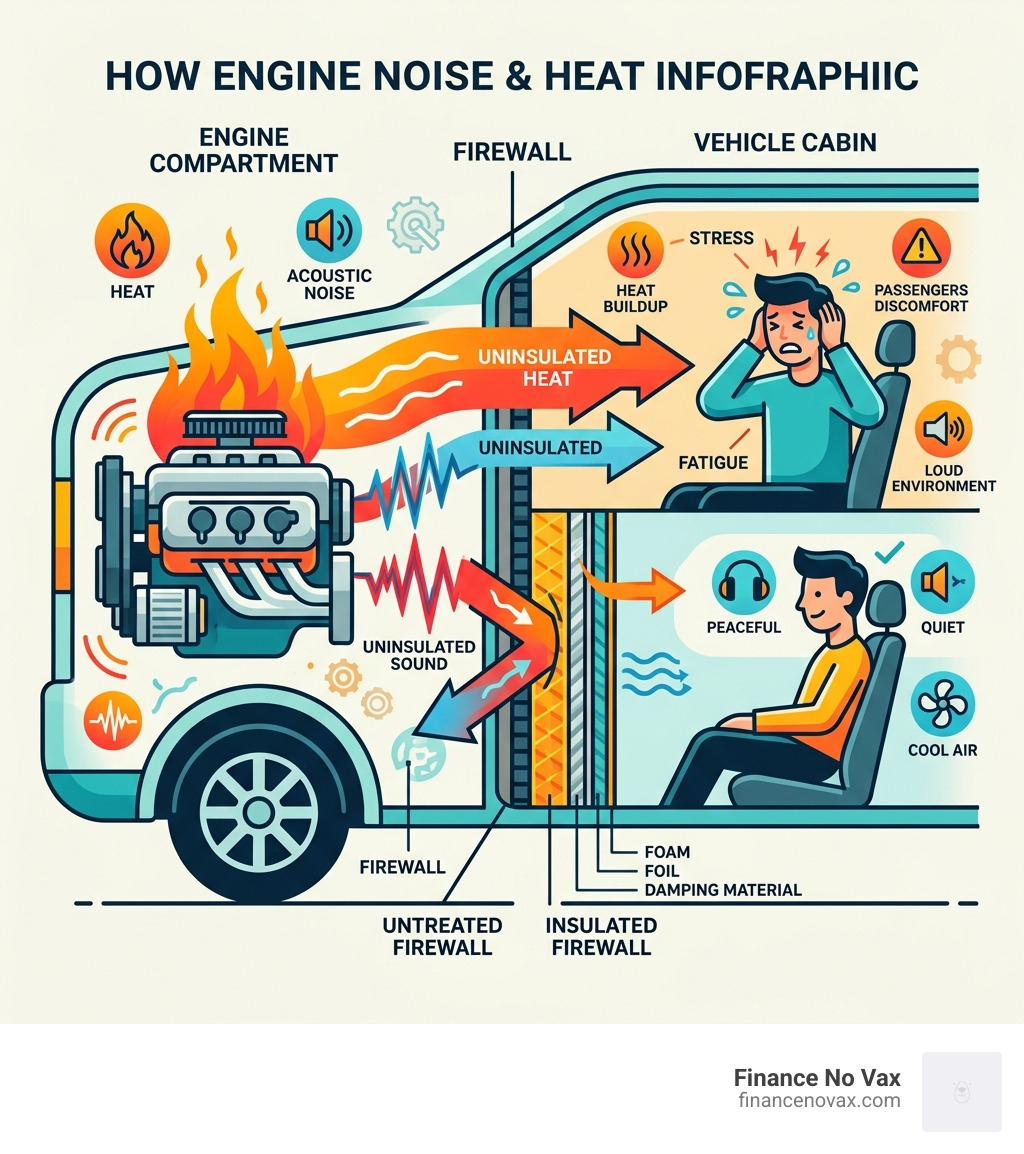 Infographic showing how engine noise and heat transfer through firewall into vehicle cabin - engine compartment sound