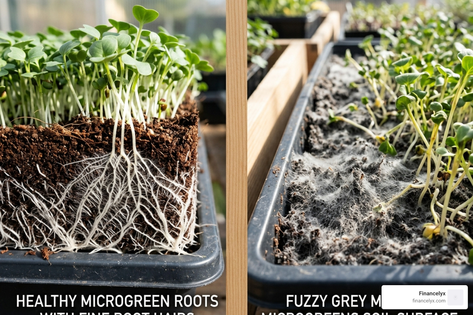 Side-by-side of healthy white root hairs vs. fuzzy grey mold - control humidity microgreens grow