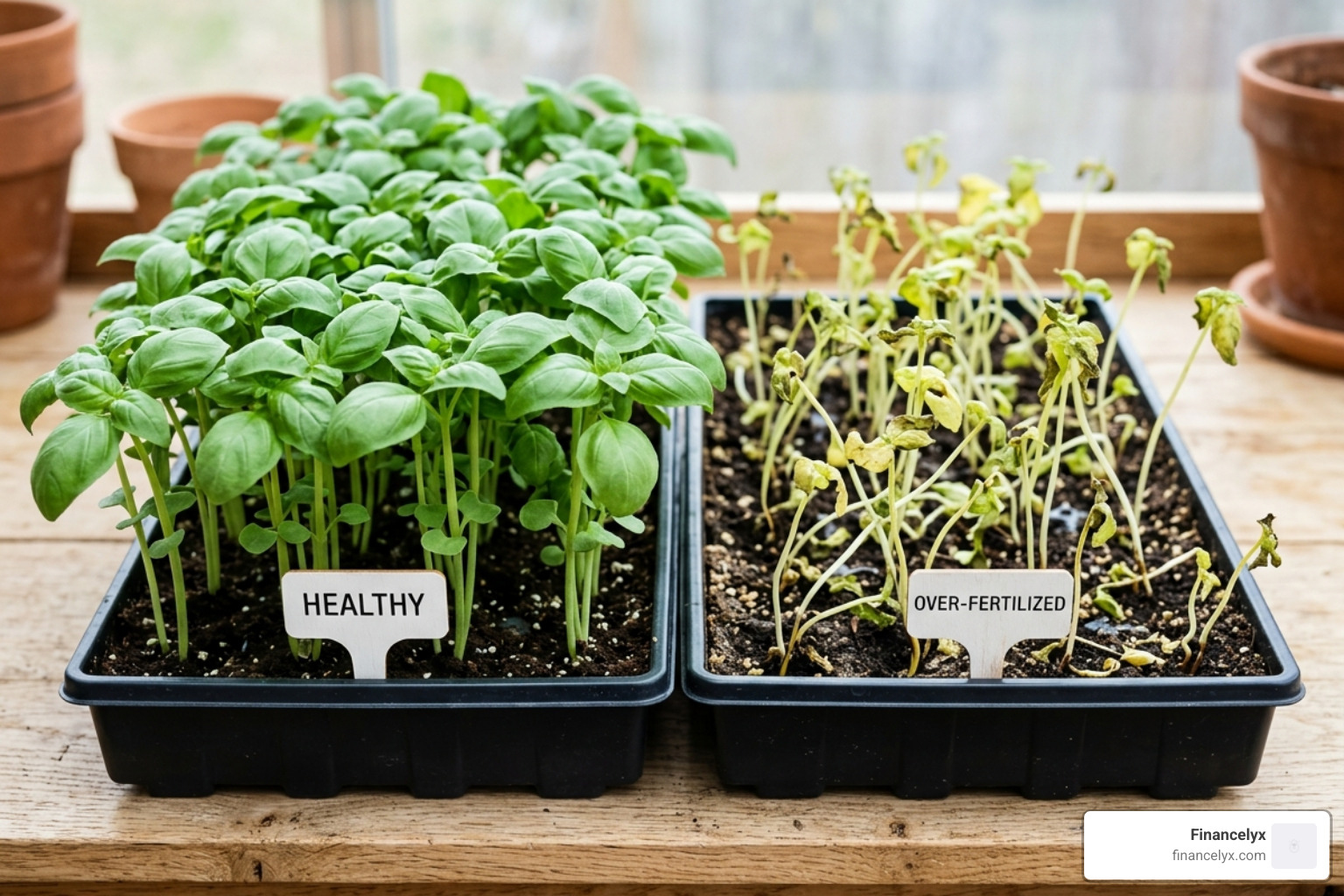 healthy vs. over-fertilized basil sprouts - basil microgreens fertilizer recipe