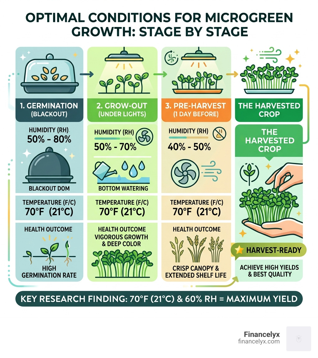 Infographic showing humidity levels, temperature ranges, and microgreen health outcomes by growth stage - control humidity