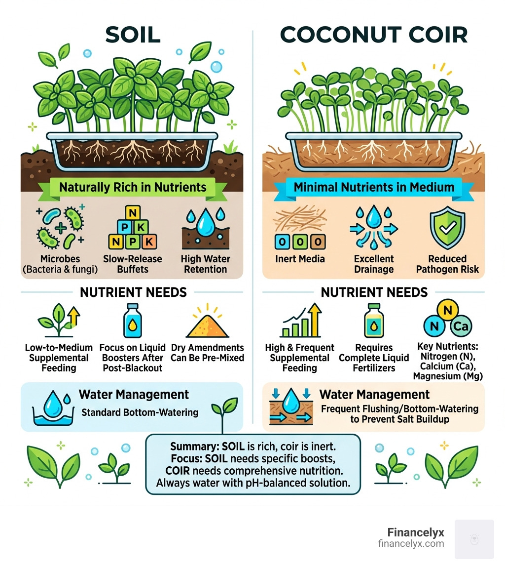 comparison of nutrient needs in soil vs. coconut coir - basil microgreens fertilizer recipe infographic 