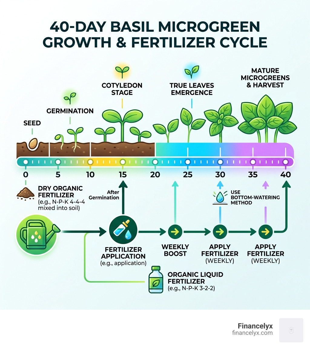 40-day basil microgreen growth cycle with fertilizer application timeline and key growth stages - basil microgreens