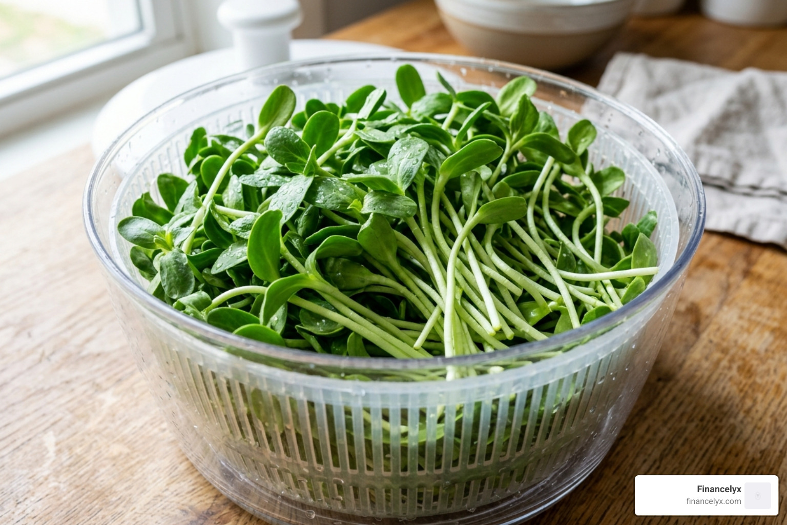 harvested sunflower greens in a salad spinner - growing sunflower sprouts
