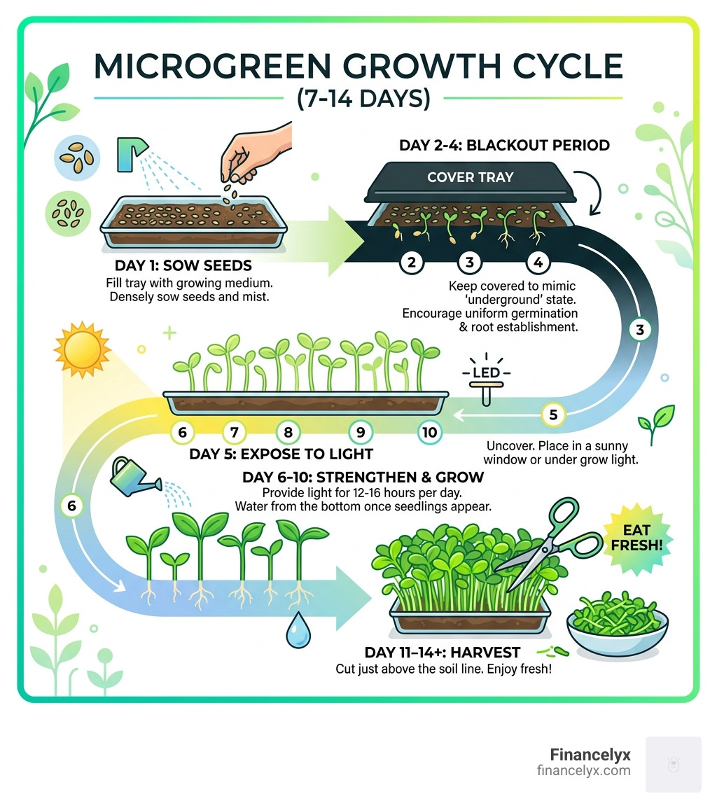 7-to-14-day microgreen growth cycle from seed to harvest, showing blackout, light, and harvest stages - growing microgreens