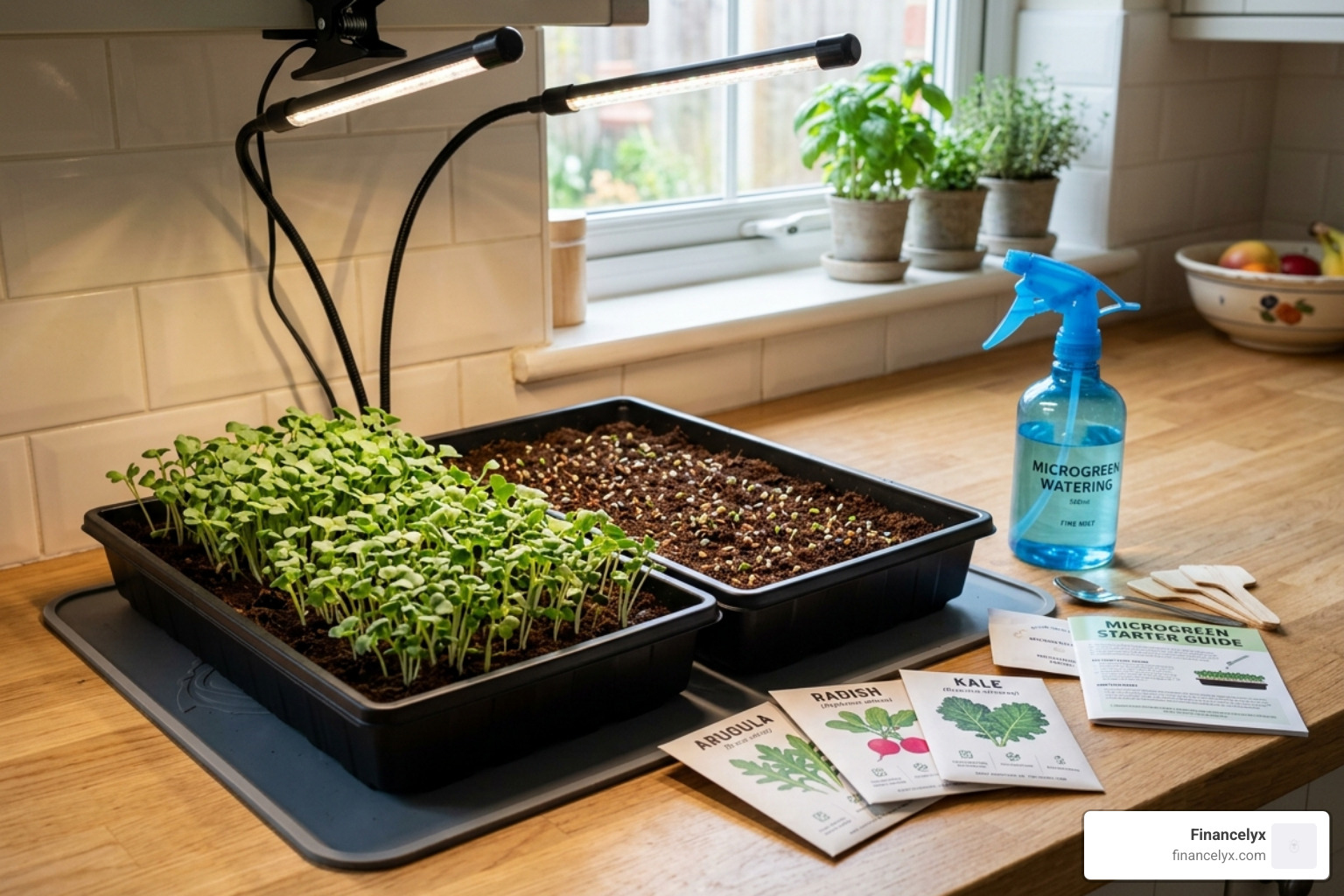 Complete microgreen starter kit including trays, seeds, spray bottle, and grow lights - growing microgreens indoors