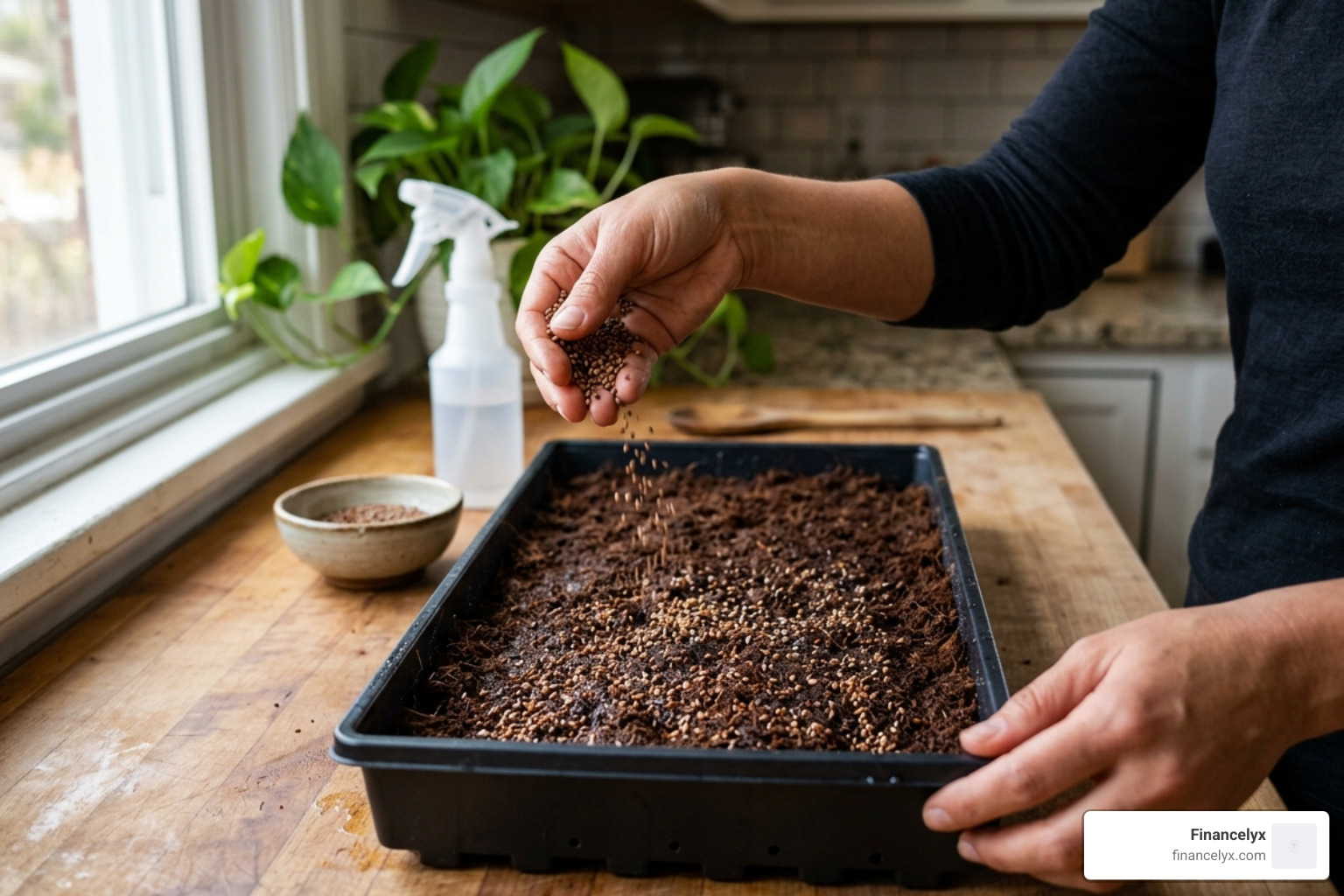 Hands evenly broadcasting seeds across a pre-moistened tray of coconut coir - growing microgreens indoors