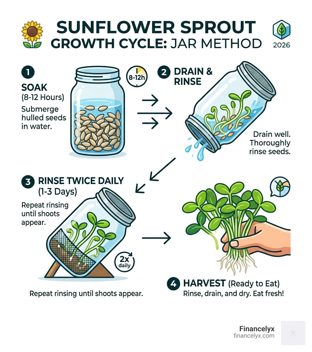 Sunflower sprout growth cycle from soaking to harvest infographic - growing sunflower sprouts infographic 
