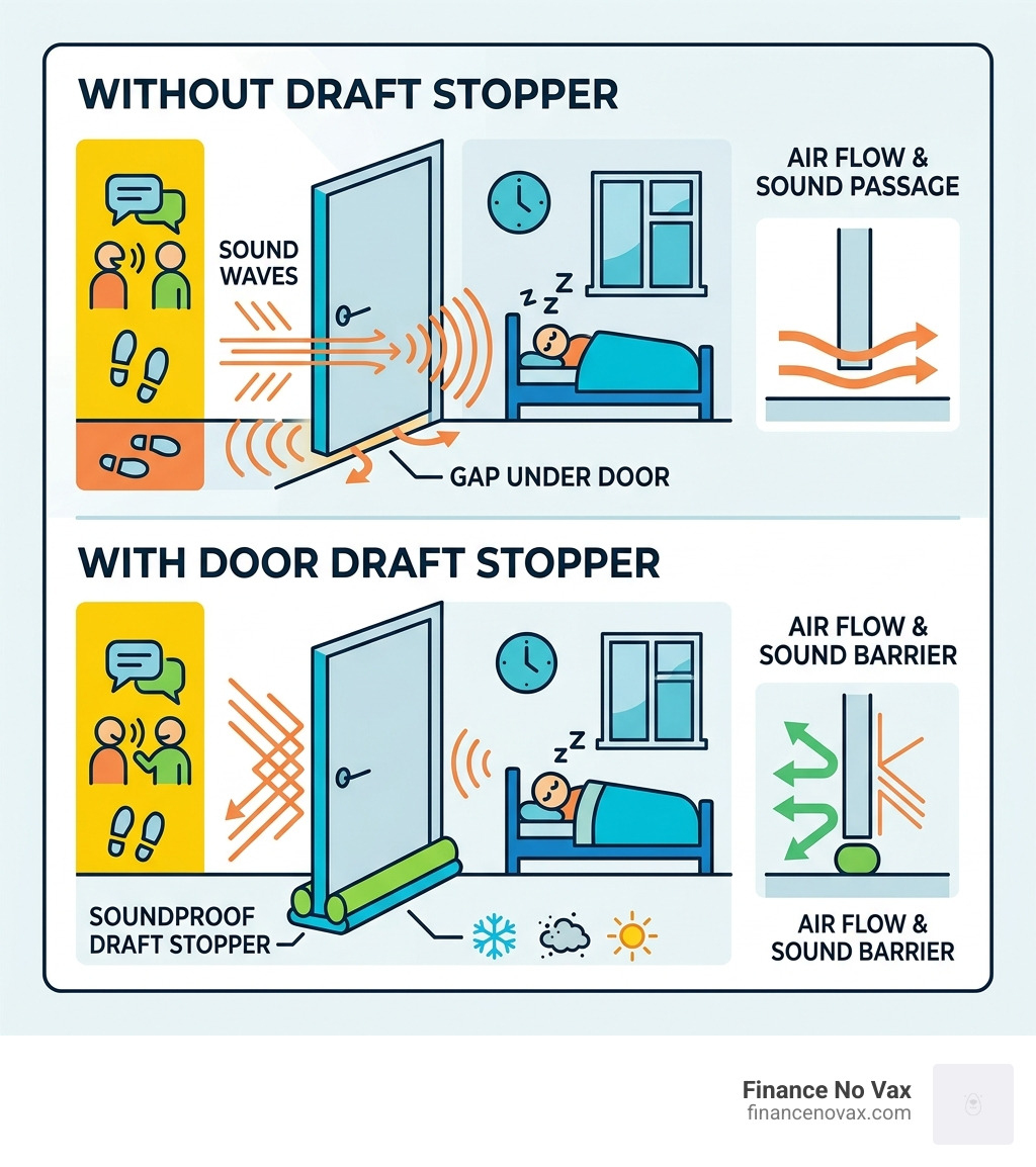 Infographic showing how sound travels through under-door gaps and how a draft stopper blocks it - door draft stopper