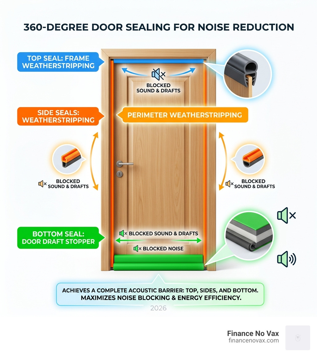 Graphic showing a door with 360-degree sealing: top, sides, and bottom - door draft stopper soundproof infographic 
