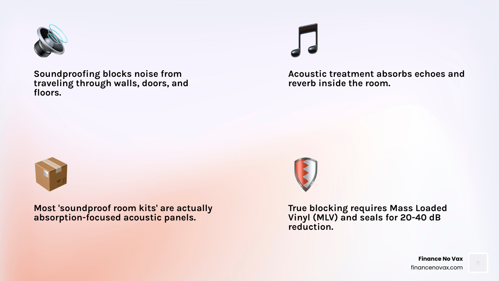 infographic showing difference between soundproofing and acoustic treatment with key terms and use cases - soundproof room